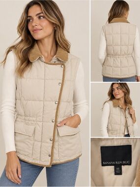 Banana Republic Cream Quilted Vest with Tan Trim